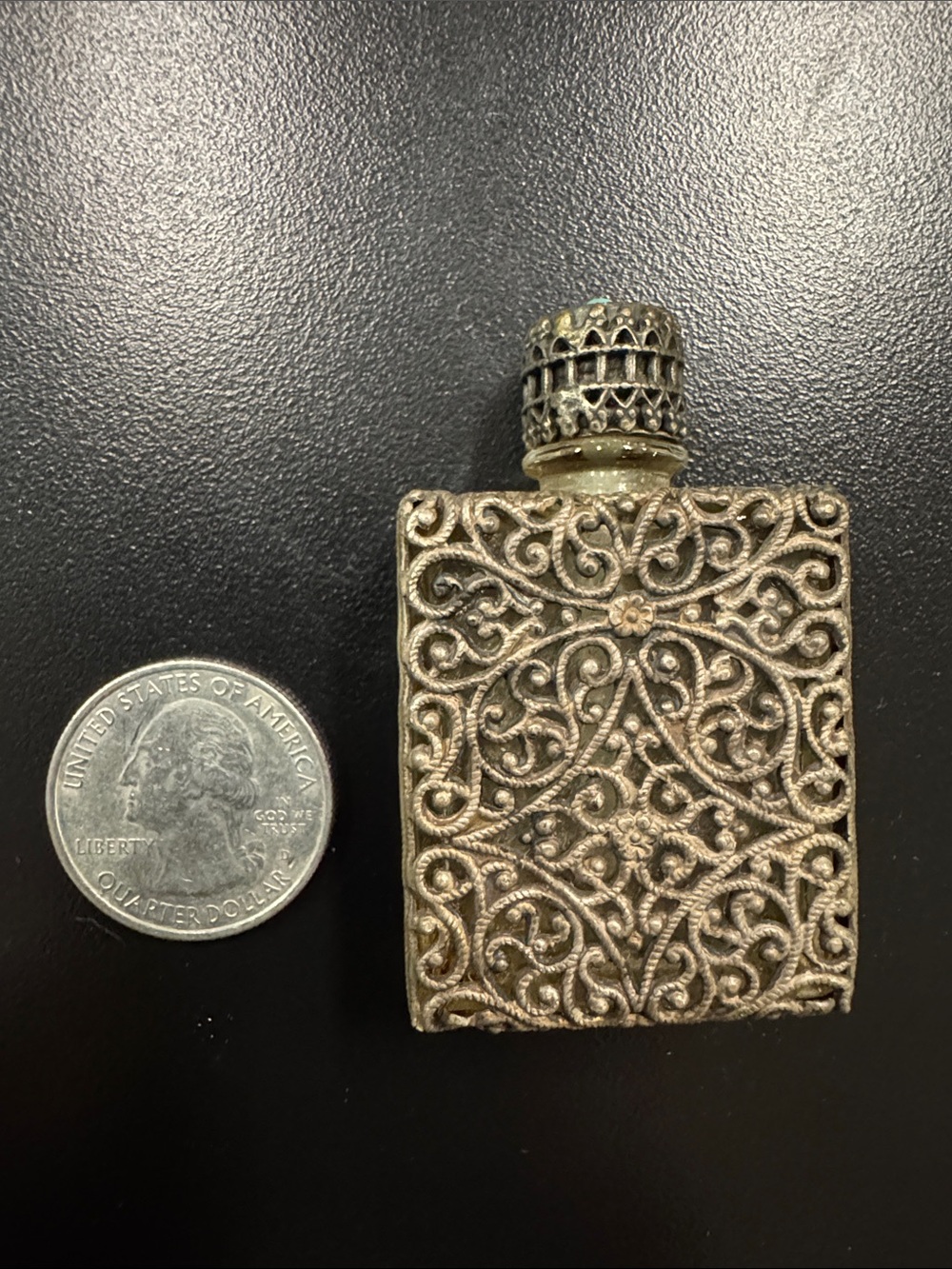 Antique Silver Overlay Glass Perfume Bottle with Turquoise Filigree - Vintage - Picture 2 of 7
